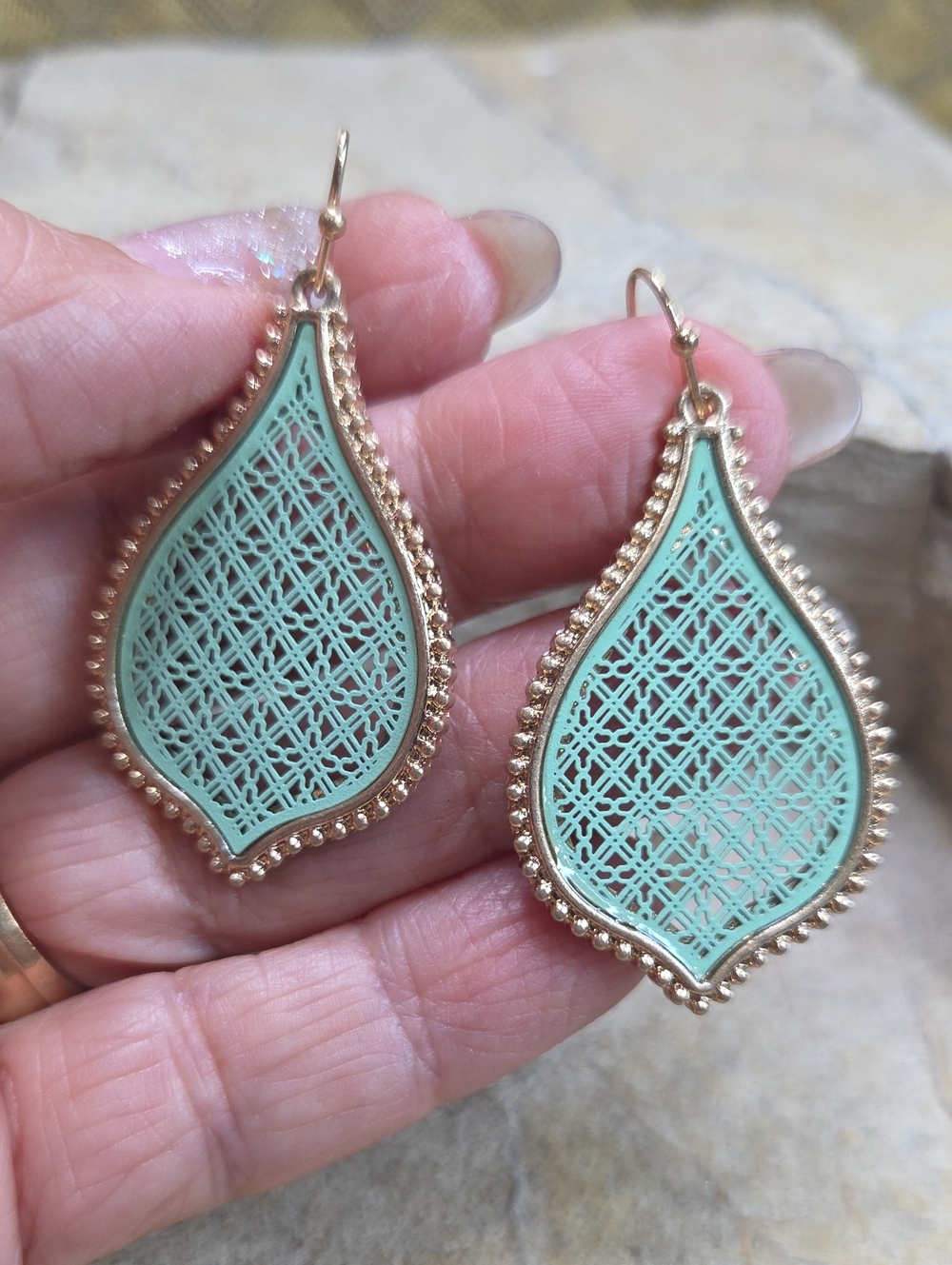 Gold-Trim Teardrop Filigree Earrings in Mint Green Turquoise Enamel